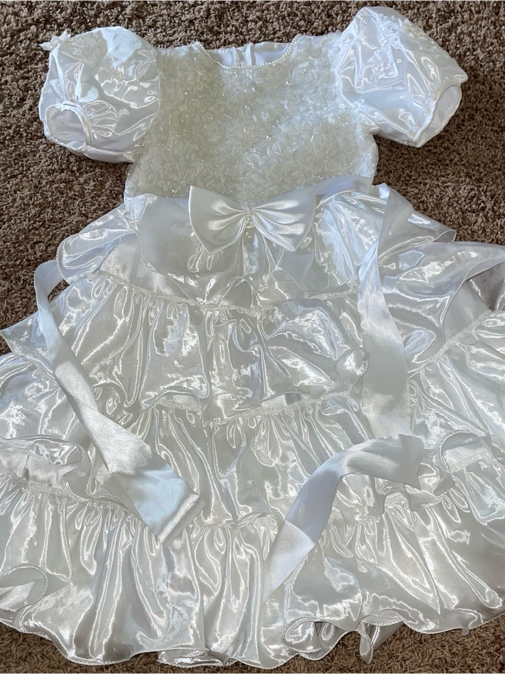 VNTGE Gold Rose White Satin Party Dress with Puff Sleeves & Bow